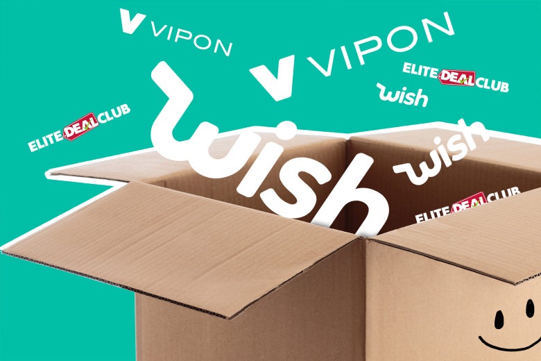 Open box with discount logos coming out of it.
